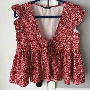 SHEIN Red Floral Ruffle Blouse